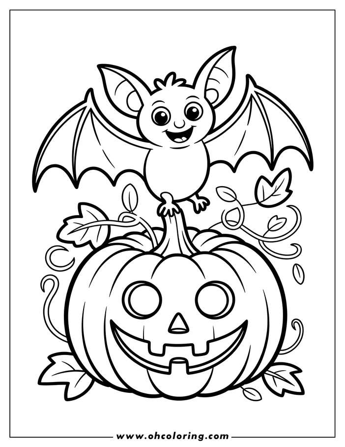 Line art of a friendly cartoon bat perched on a carved pumpkin or jack-o'-lantern. The bat has outstretched wings, while the pumpkin below features a classic Halloween face with triangular eyes and a wide grin. Vines and leaves decorate the scene, ready for coloring.