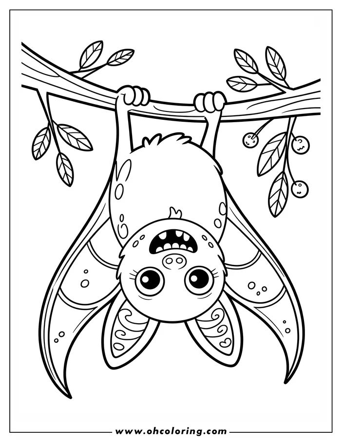 Line art of a cartoon bat hanging upside down from a tree branch. It has large, expressive eyes and an open mouth. Its wings feature decorative swirls, and a branch with leaves and berries is visible beside it. This is a drawing designed for a coloring sheet.