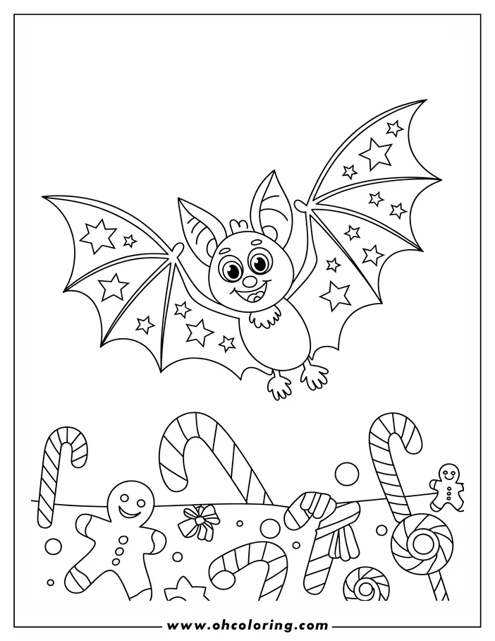 Line art of a cartoon bat with star-patterned wings flying over an assortment of Christmas candies, including candy canes, lollipops, and a gingerbread man, presented as a coloring page.