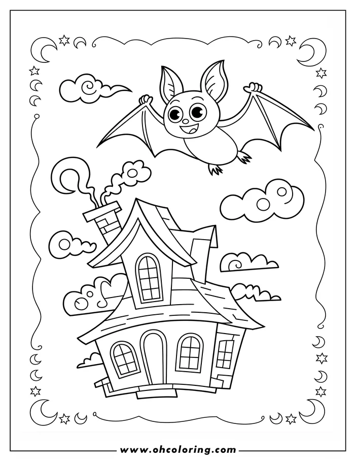 Line art of a friendly cartoon bat flying over a haunted house. Smoke curls from the chimney, and stylized clouds and crescent moons decorate the night sky. This drawing is a coloring sheet design.