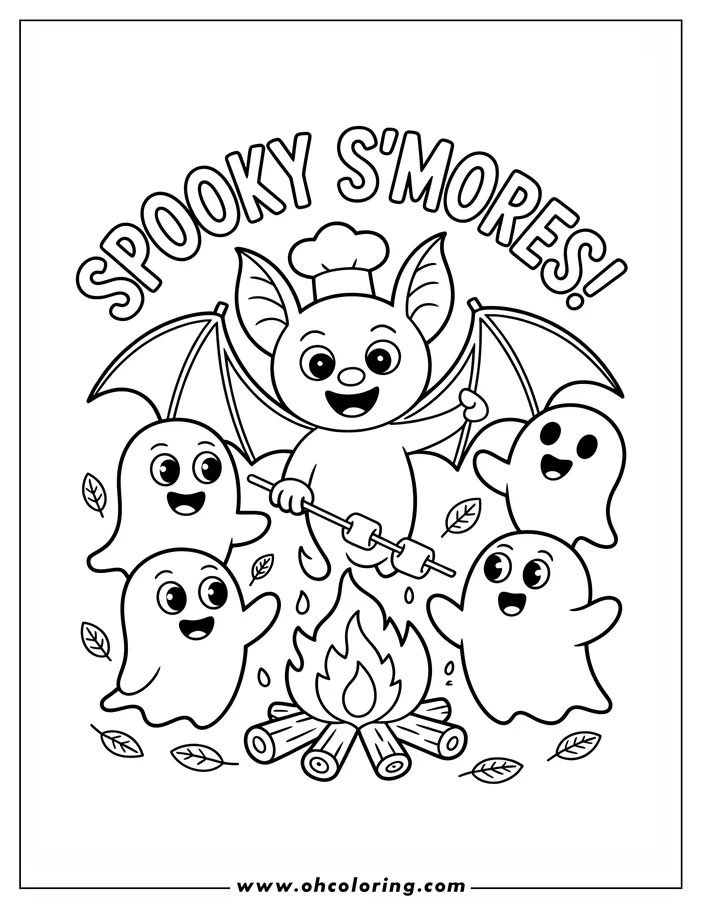 Line art of a bat wearing a chef hat roasting marshmallows over a campfire. Three friendly ghosts float around, and autumn leaves add to the Halloween scene. This is a drawing of a bat and ghosts designed as a coloring sheet.