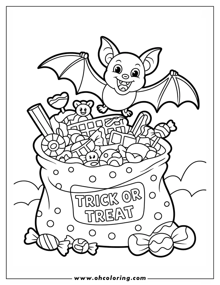 Line art of a cartoon bat with a trick-or-treat bag. The bag is overflowing with various candies, and the words 'Trick or Treat' are written on it. The bat is smiling and has its wings spread. Several individually wrapped candies lie around the bag on the ground. This is a Halloween-themed coloring page design.