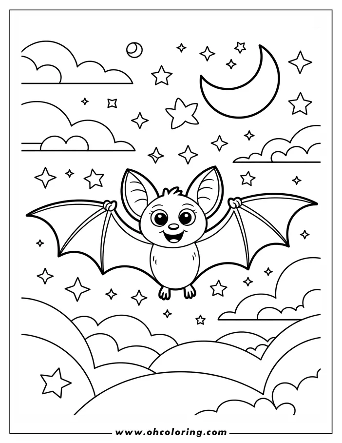 Line art of a cheerful cartoon bat with outstretched wings, flying beneath a crescent moon and stars in a night sky filled with stylized clouds. This is a design for a printable coloring sheet.