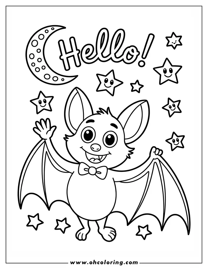 Line art of a friendly cartoon bat waving hello. It has large wings, a bow tie, and big, round eyes.  Smiling stars and a crescent moon are in the background. This is a coloring sheet design.