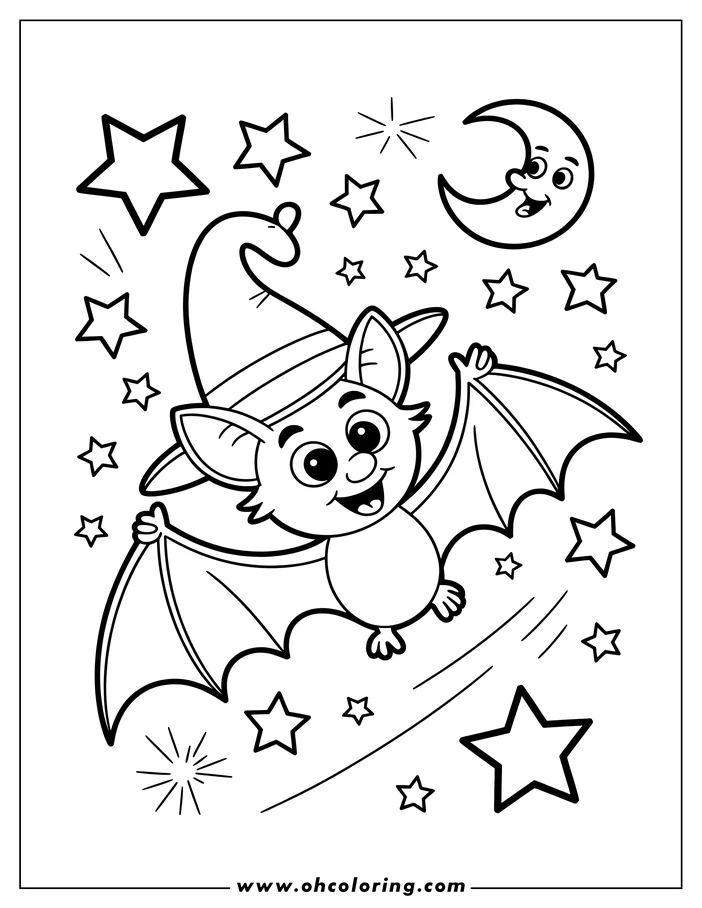 Line art of a friendly cartoon bat wearing a witch hat, soaring through the night sky with stars and a smiling crescent moon. This whimsical drawing is designed as a coloring sheet.