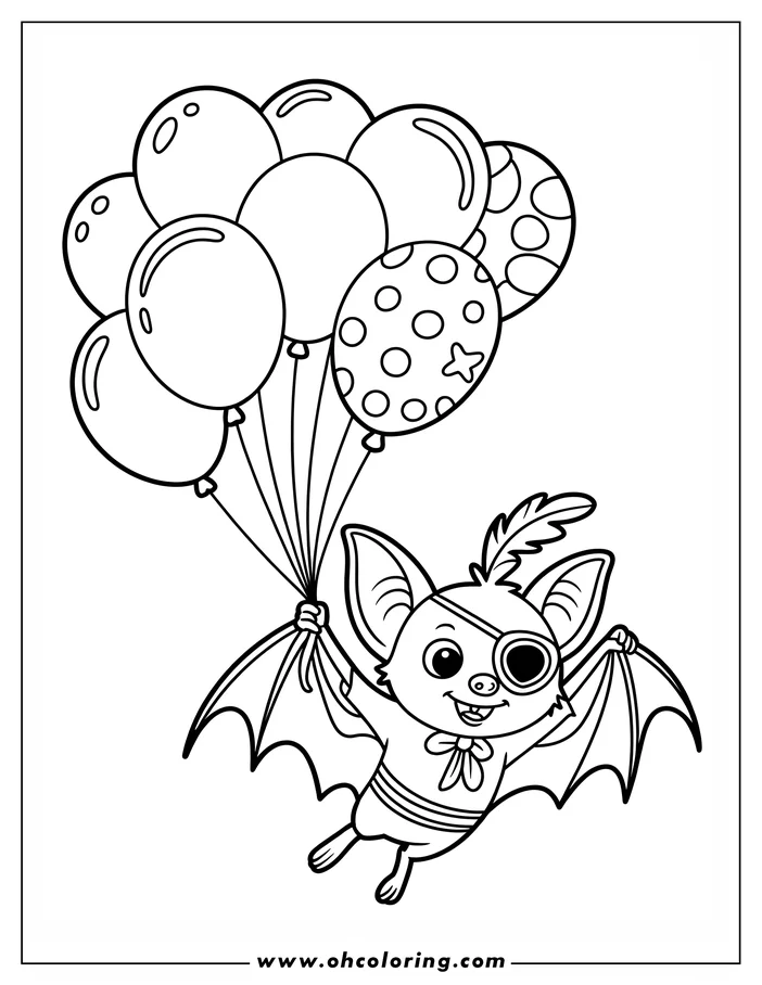 Line art of a cartoon bat holding a bunch of balloons. The bat wears a pirate eyepatch and a bow tie, and has large, expressive eyes.  Several balloons, some with patterns, float above the bat. This is a printable coloring sheet design.