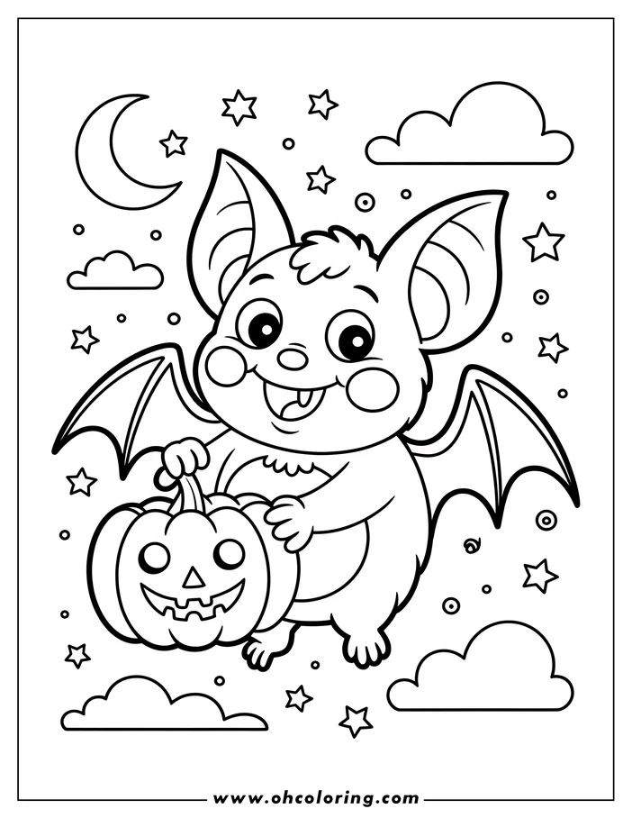 Line art of a cartoon bat holding a jack-o'-lantern against a night sky background with stars, a crescent moon, and clouds. The bat has large, simple wings and a tuft of fur on its head. This is a Halloween-themed drawing designed as a coloring sheet.