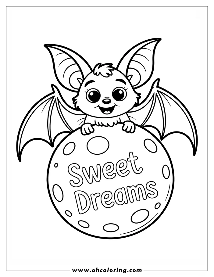 Simple, cartoon-style line art of a bat holding a sign that says "Sweet Dreams." The bat looks happy and has large wings and pointy ears, designed as a coloring sheet.