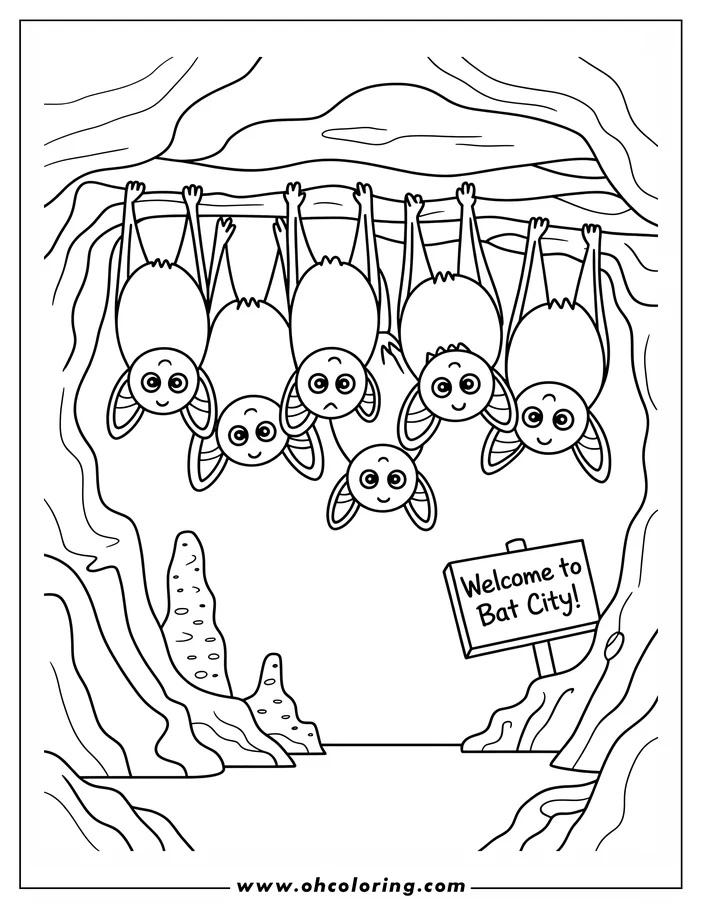 Five simple cartoon bats hanging upside down in a cave, with a sign that says 'Welcome to Bat City'.