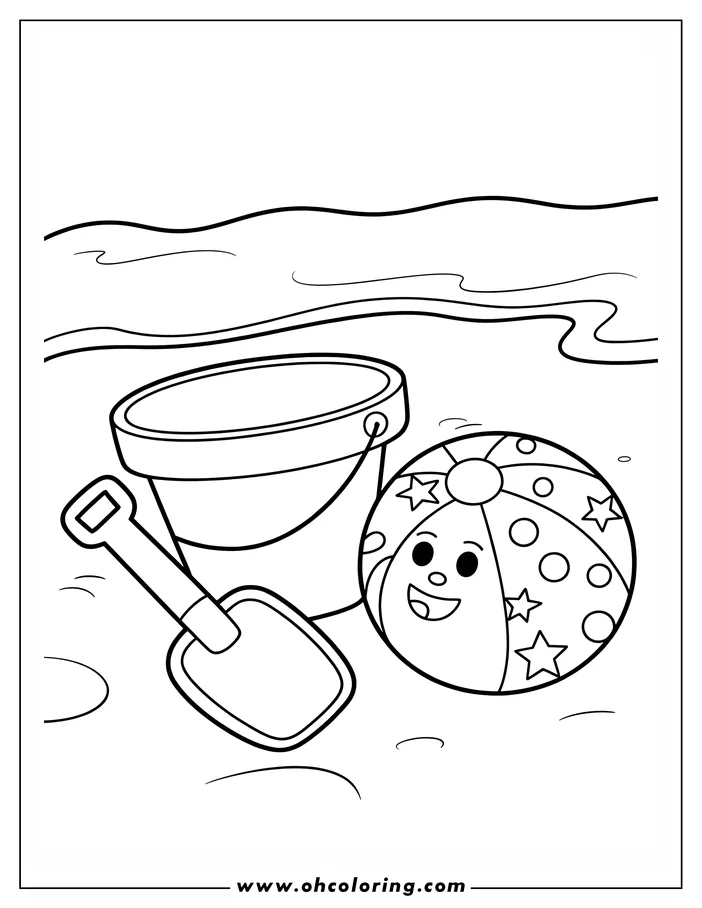 Line art of a beach ball, sand pail, and shovel on a beach. The beach ball has a smiling face, stars, and circle details. A wavy line represents the ocean.