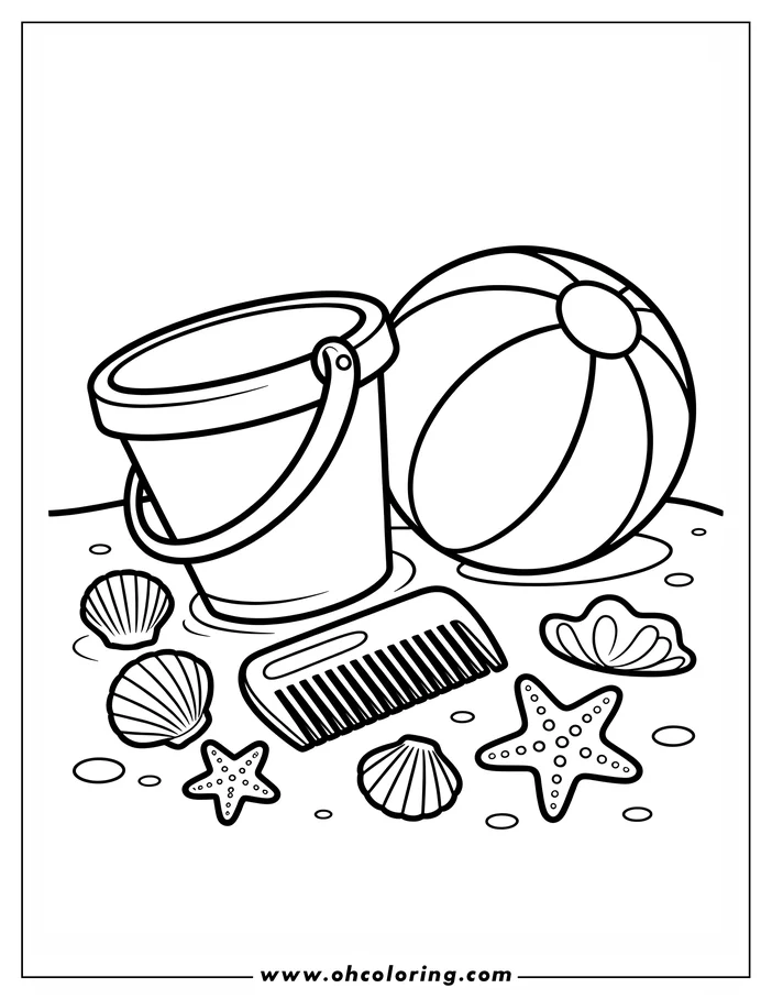 Line art of a beach scene with a beach ball, pail, seashells, starfish, and a comb. Perfect for a summer coloring page activity.