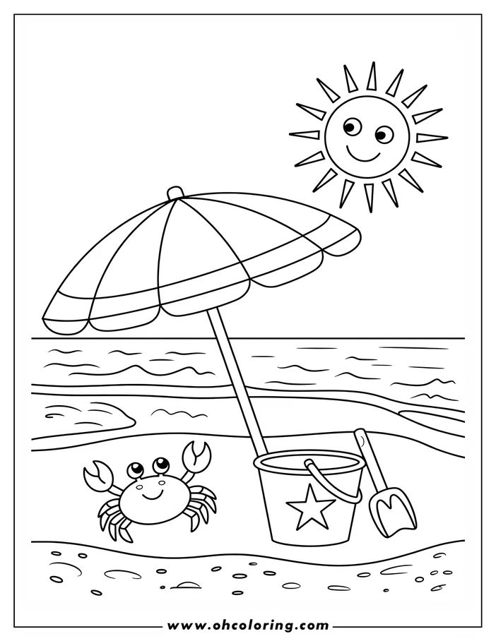 Line art of a beach scene with an umbrella, crab, sand pail and shovel, and a smiling sun.