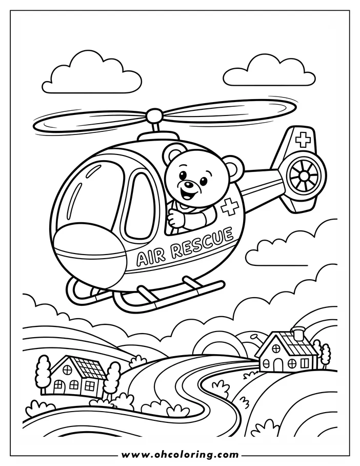 Line art of a cartoon bear piloting an air rescue helicopter above a simple landscape. The helicopter is marked with "AIR RESCUE" and medical crosses. The bear has a friendly expression. This coloring sheet design depicts a simple scene, suitable for young children.