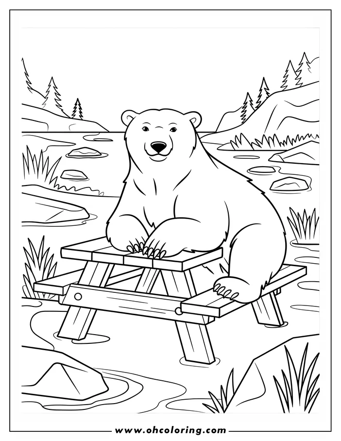 Outline of a bear sitting on a picnic table in the middle of a stream, with a forested hillside in the background.