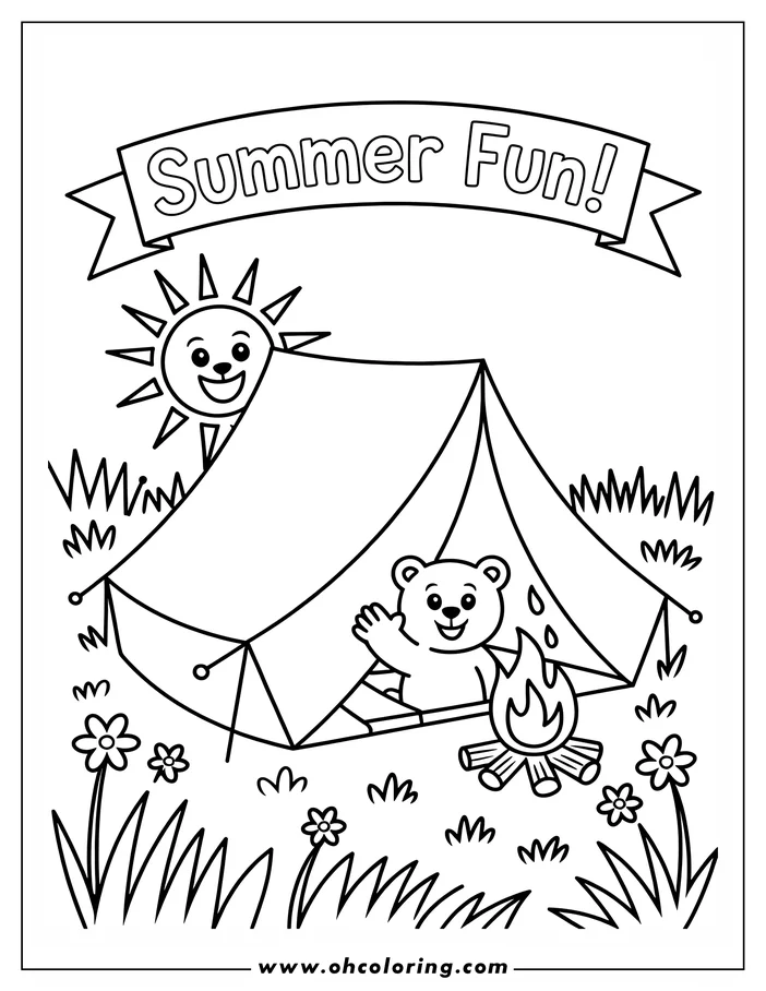 Outline of a bear sitting in a tent next to a campfire. Grass and flowers surround the tent.