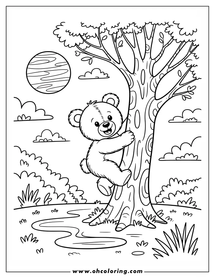 Line art of a cartoon bear climbing a tree near a stream under a large moon.