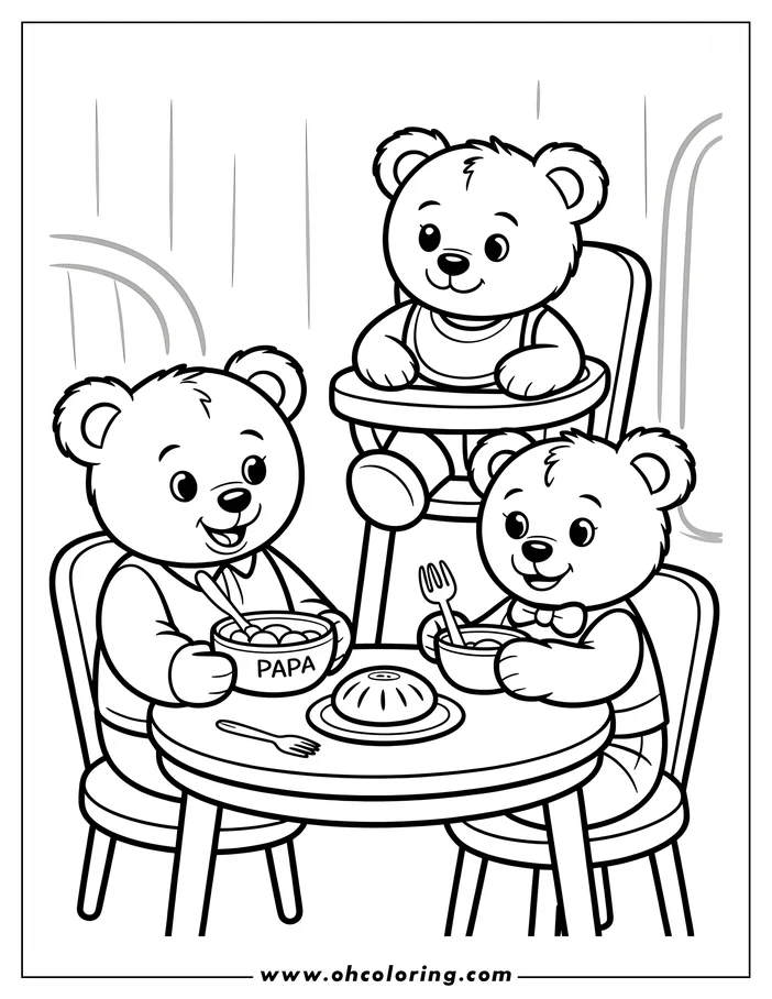 Outline of a bear family eating dinner together. Papa bear and a cub sit at a table while a baby bear sits in a high chair.