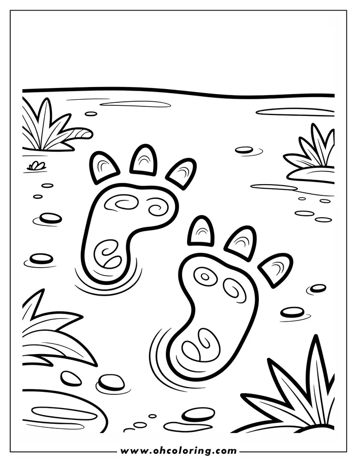 Outline of two bear footprints in shallow water near some plants.