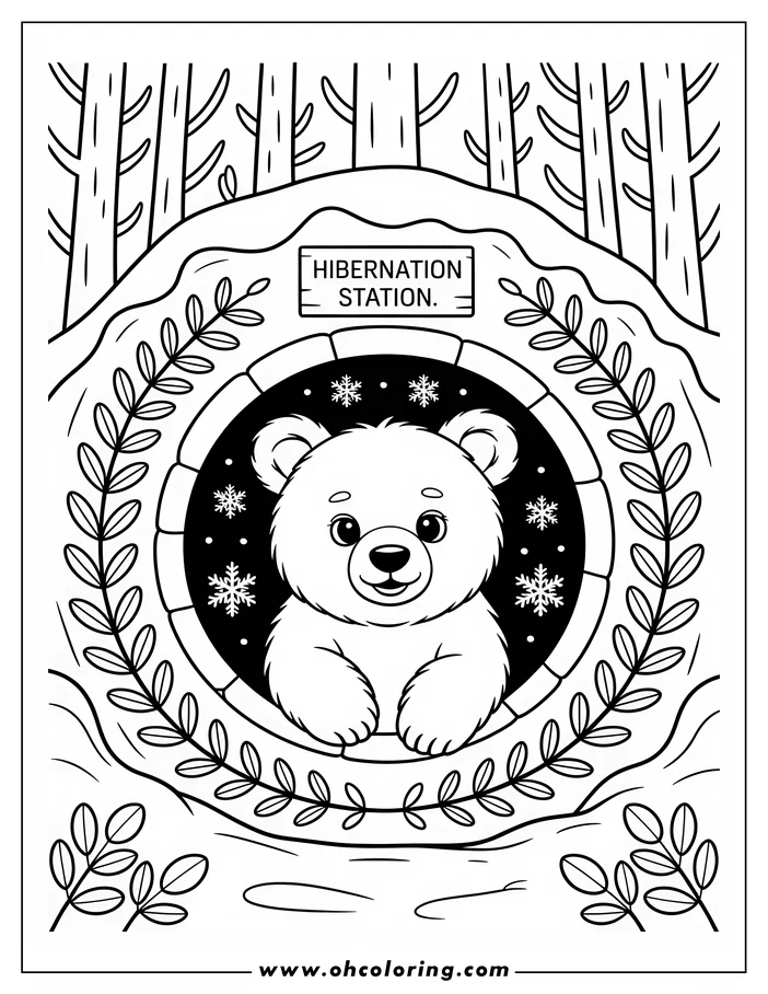 Line art of a bear settling into its hibernation station. The bear is nestled inside a circular den entrance beneath some trees. The entrance is marked with a "Hibernation Station" sign, snowflakes are visible, and leaves decorate the edges of the den. This is a drawing for coloring.