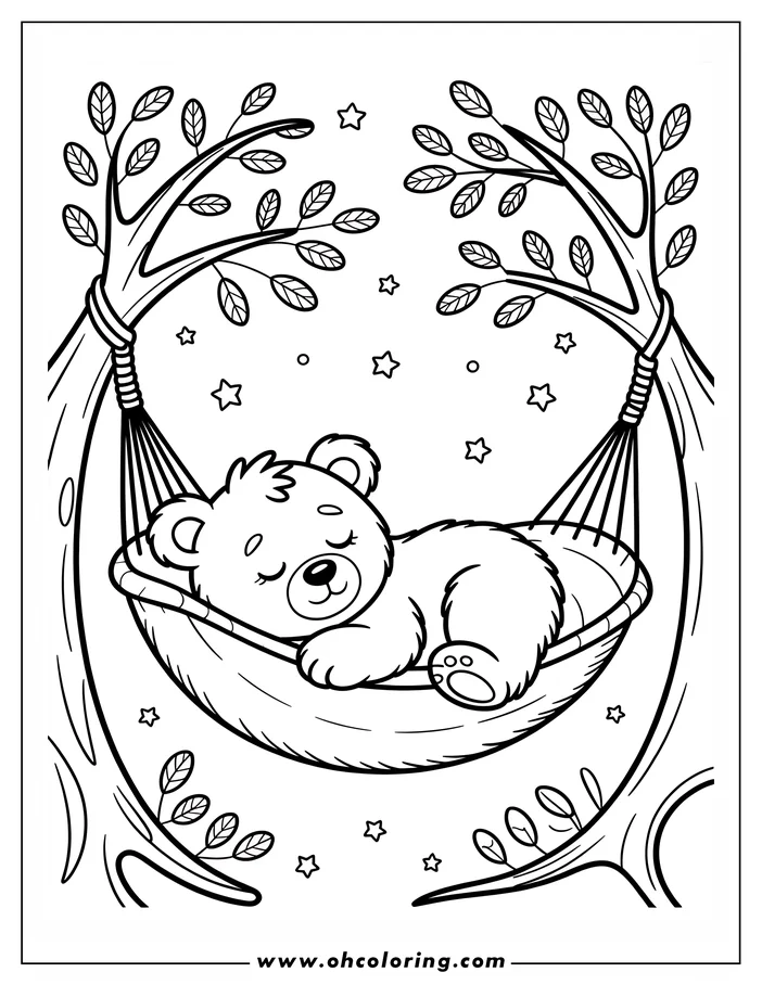 Outline of a cartoon bear sleeping in a hammock strung between two trees, with small stars in the background.