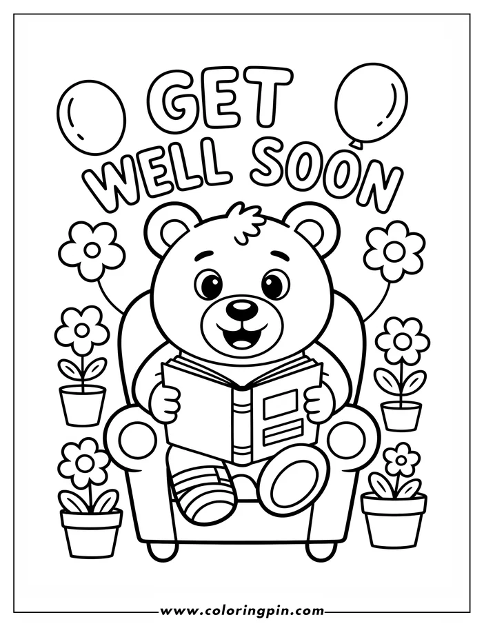 A cartoon bear with a bandaged leg sits comfortably in an armchair reading a book. Potted flowers flank the chair, and a "Get Well Soon" message appears above.