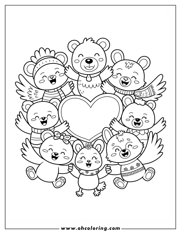 Seven happy bears and a mouse celebrating Thanksgiving, gathered around a heart. The bears wear hats and scarves, and some have wings.