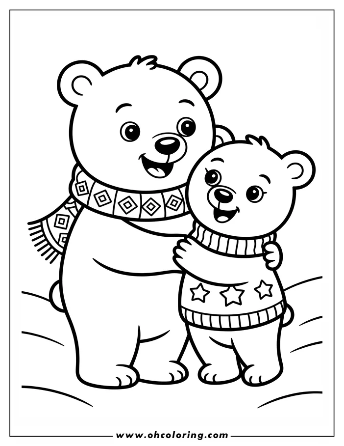 Two cartoon bears hugging each other. The larger bear wears a patterned scarf, and the smaller bear sports a sweater with three stars.