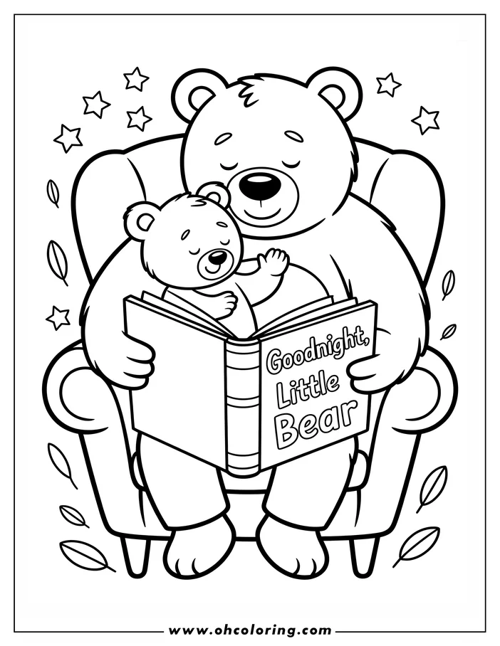 Line art of two bears sitting in an armchair. The larger bear holds a book titled "Goodnight, Little Bear" and cradles the smaller bear. Stars and leaves decorate the background. This is a drawing for coloring.