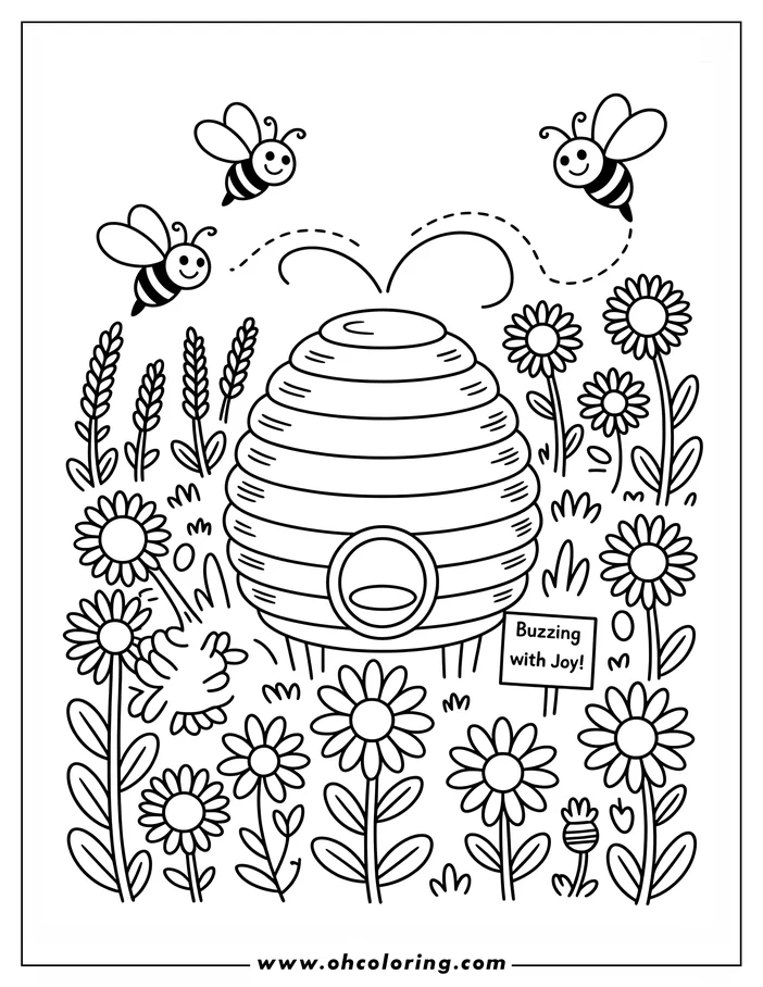 Line art illustration of a beehive surrounded by daisies and other plants. Three bees fly around the hive. The beehive has stripes and a round opening.  This is a coloring sheet design, suitable for printing and coloring.
