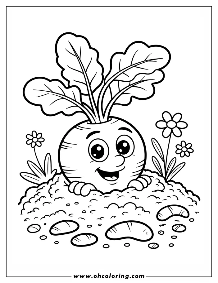 Simple, cartoon-style line art of a beet in a garden setting, ready for coloring. The beet has a smiling face and large eyes. It has three large leafy tops. Small flowers and rocks are visible around the beet.