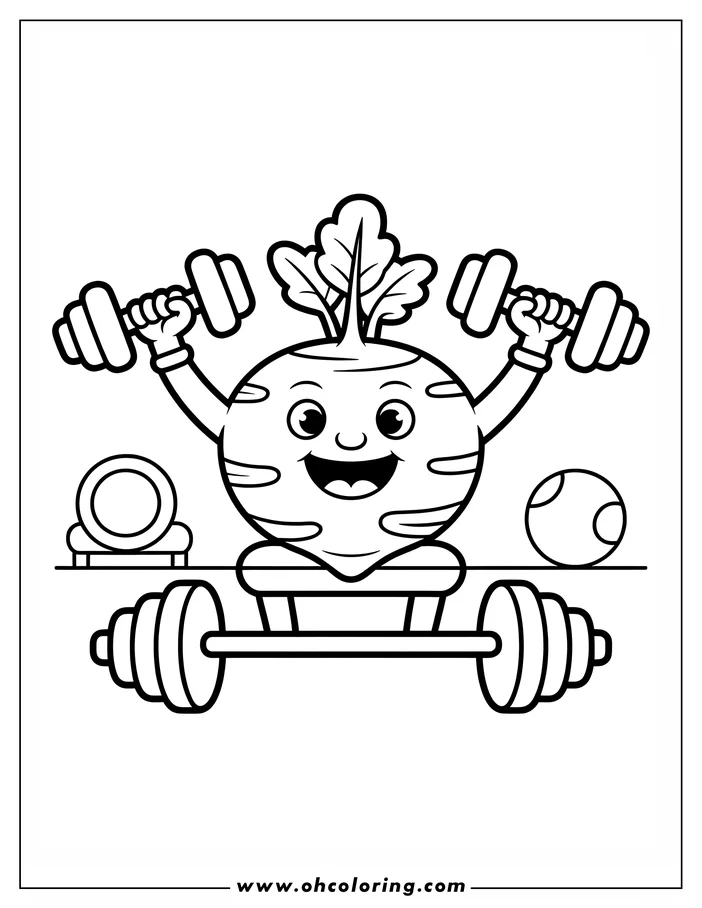 Line art of a beet lifting weights in a gym setting, designed as a coloring sheet.  The beet has a happy expression and is surrounded by gym equipment like a barbell, weight bench, and medicine ball.  A fun and healthy coloring activity.