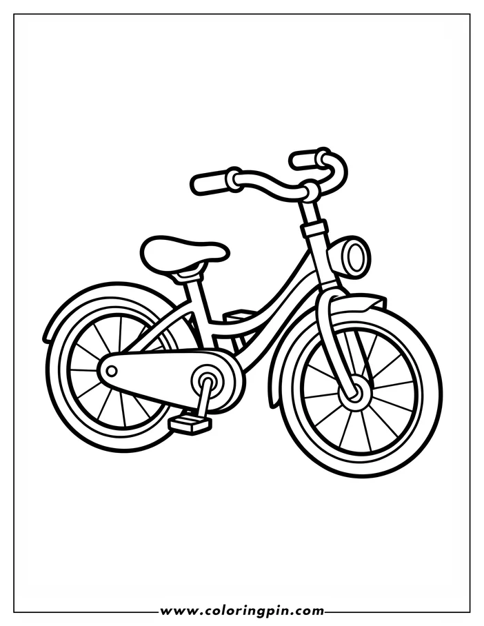 Outline of a bicycle with handlebars, seat, pedals, and a headlight.
