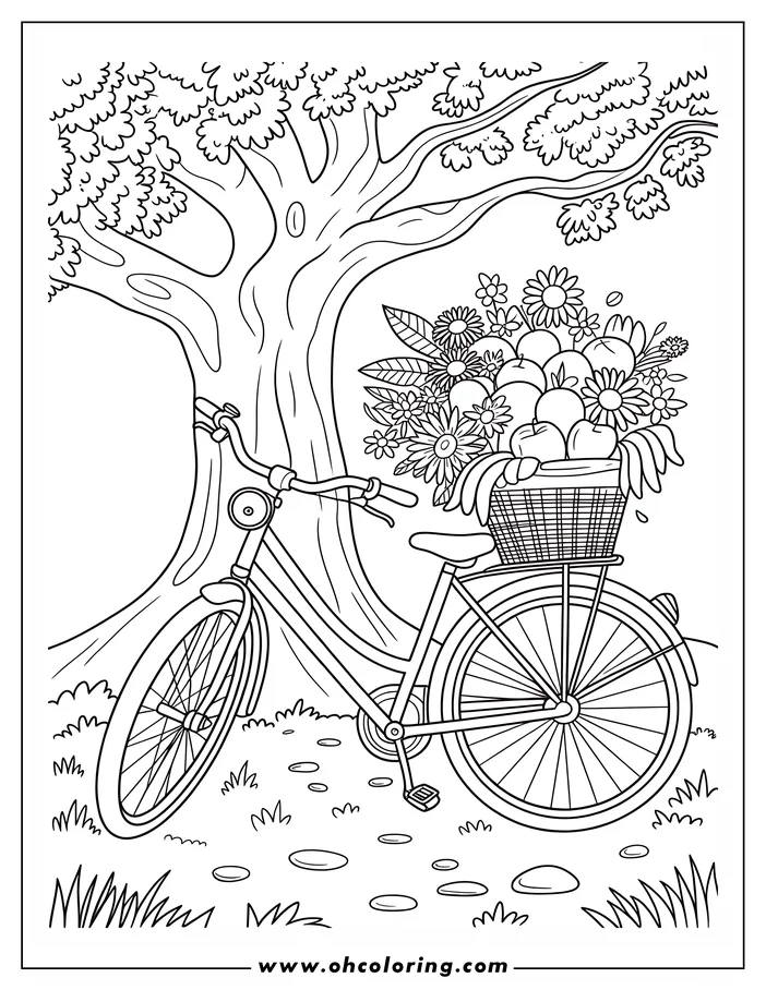 Line art of a bicycle with a basket full of fruit and flowers, parked beneath a tree in a grassy area. This coloring sheet design depicts a peaceful, nature-filled scene, ready for adding color.