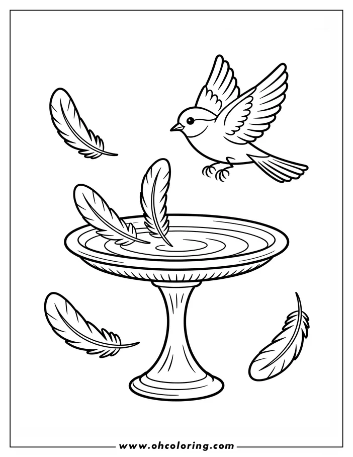Line art of a bird in flight above a bird bath with feathers floating around it, designed as a coloring sheet.
