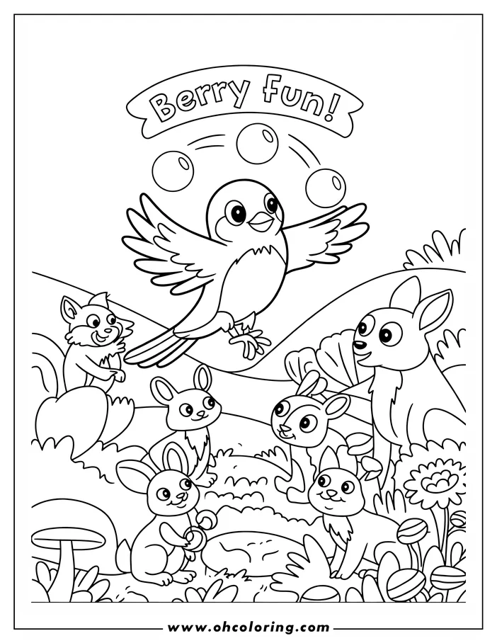 A cartoon bird juggling berries flies over a group of woodland animals including a squirrel, a deer, and four rabbits. The scene is set in a grassy clearing with flowers, mushrooms, and a small pond.