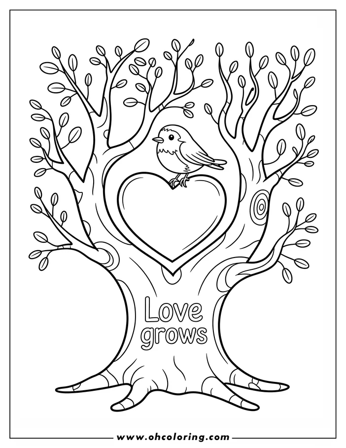 Line art of a small bird sitting on a heart inside the trunk of a tree with leaves on its branches. The words "Love grows" appear beneath the heart. This is a coloring sheet design, ideal for Valentine's Day or nature-themed coloring.