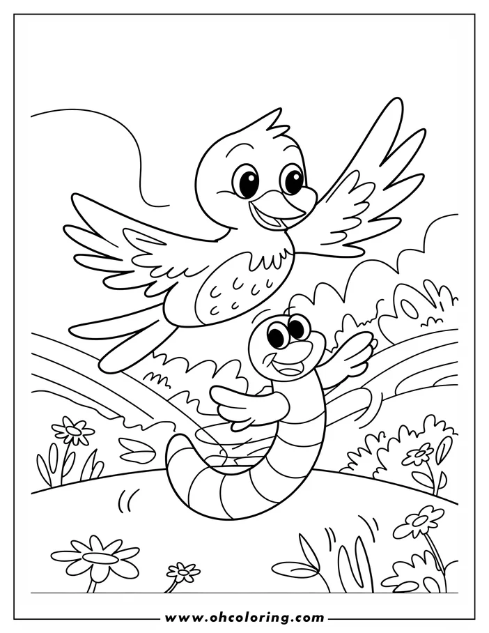 Line art of a bird flying over a worm in a field of flowers