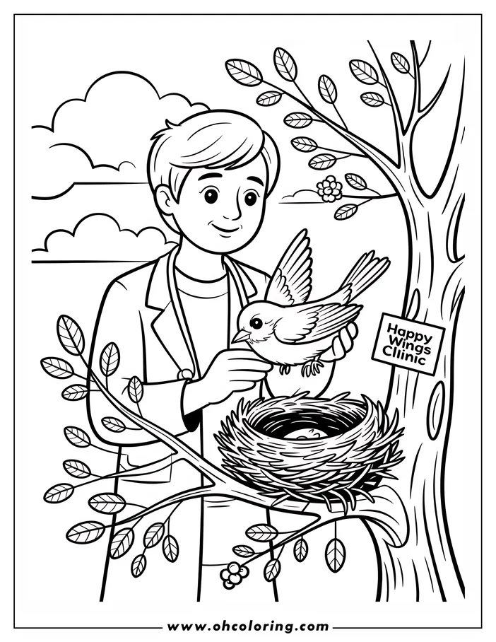 Line art of a veterinarian holding a bird near its nest with eggs, next to a sign that says Happy Wings Clinic.