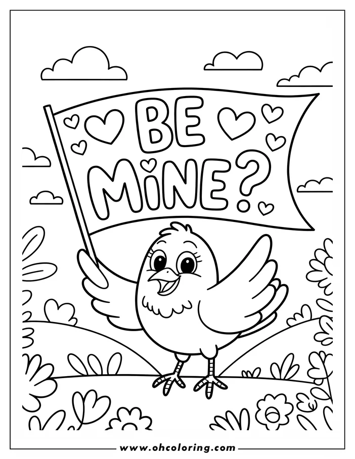 Line art of a cute cartoon bird holding a "Be Mine?" banner decorated with hearts. The bird is smiling and stands in a simple landscape with flowers and clouds. This is a Valentine's Day coloring sheet design.