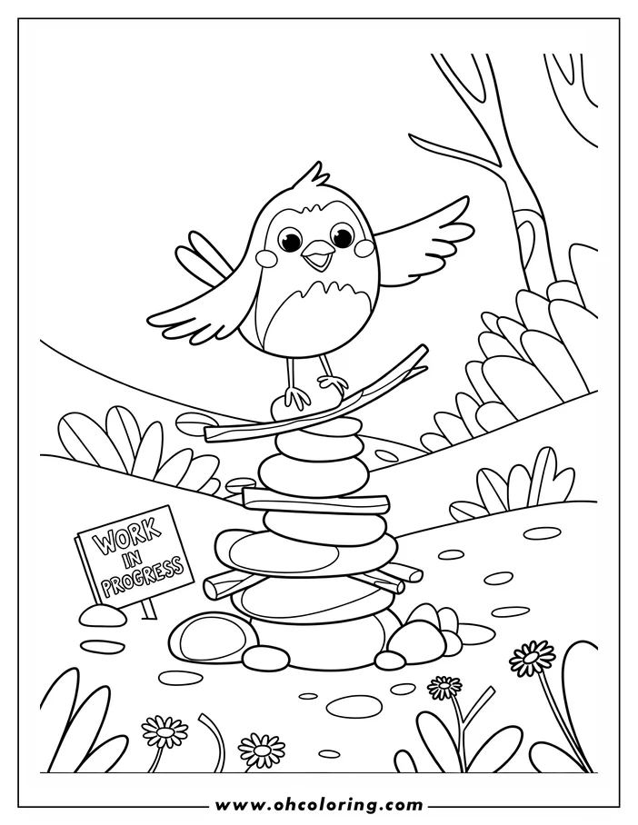 A cartoon bird with outstretched wings stands on a stack of rocks and branches, a "Work in Progress" sign nearby.