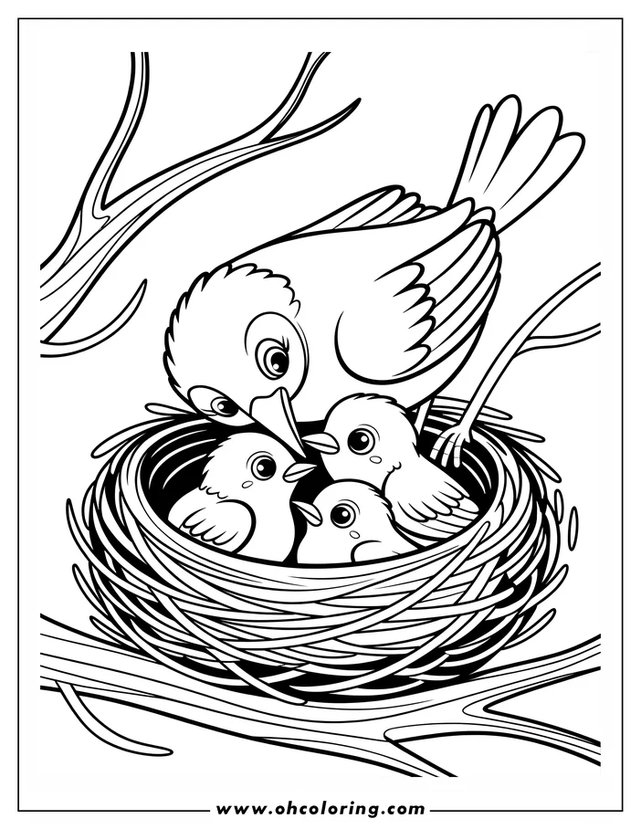 Line art of a mother bird feeding three baby chicks in a nest high up in the branches of a tree, a simple drawing perfect for a coloring page.