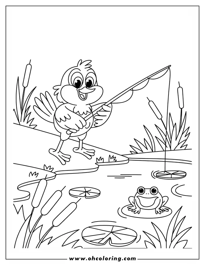 Cartoon bird with a fishing rod, standing by a pond with a frog on a lily pad. Cattails and other water plants surround them.