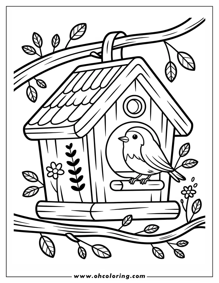 Line art of a bird sitting in a birdhouse on a tree branch, surrounded by leaves and flowers. This is a simple drawing for coloring.