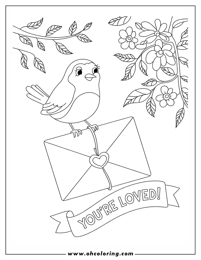 Outline of a cute bird sitting on a love letter tied with string and a heart. The words 'You're Loved' are written on a banner below.