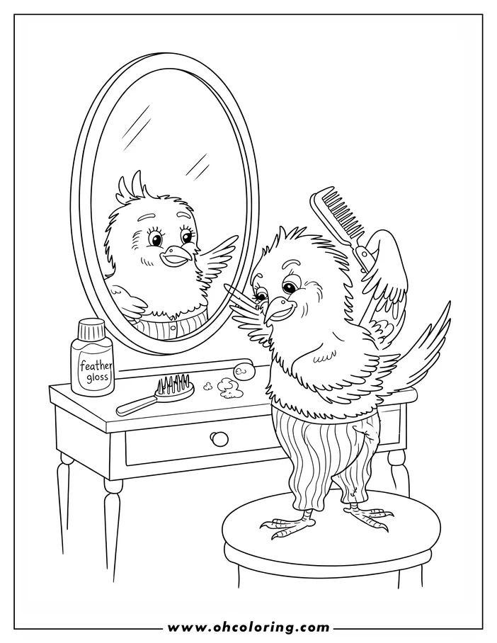 Cartoon bird preening its feathers in a mirror while sitting on a stool. The bird is wearing pants and holds a comb, looking at its reflection with a bottle of feather gloss on the vanity.