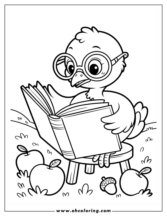 A cartoon bird with glasses reads a large book while perched on a stool. Two apples and an acorn rest nearby on the grass.