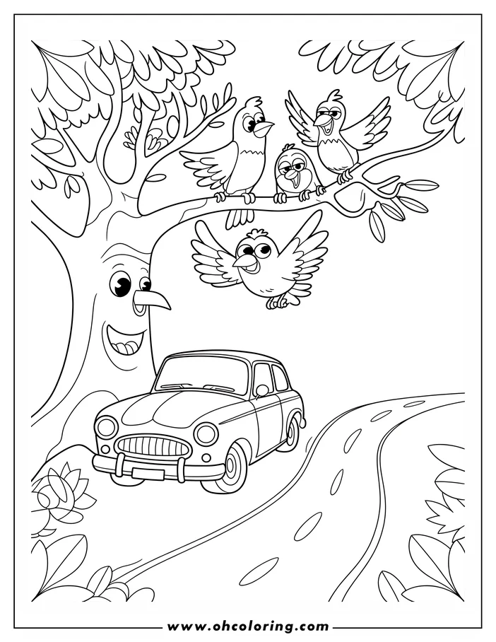 Line drawing of three birds on a tree branch with another bird flying nearby and a vintage car on a road below.