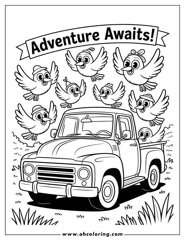 Line art of a vintage truck with several birds flying around it, ready for an adventure.