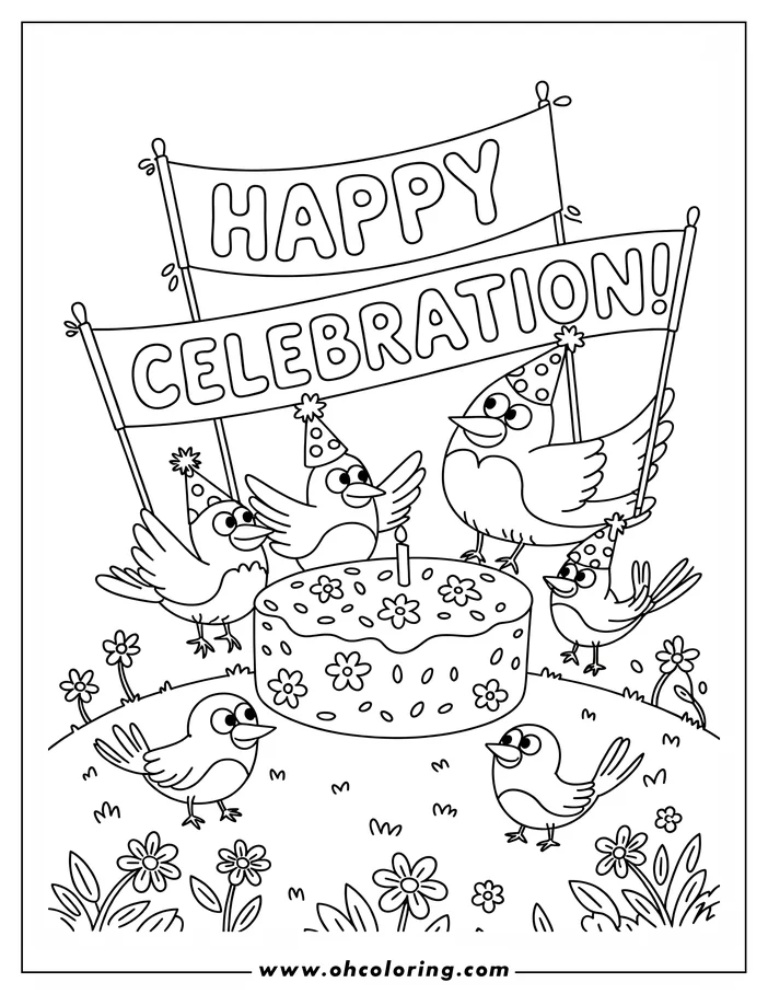 Outline of six birds celebrating around a birthday cake with party hats and "Happy Celebration" banners. They stand in a grassy area with flowers