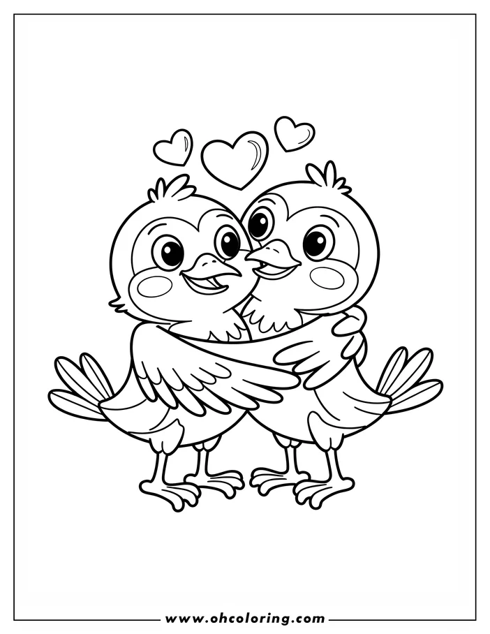 Two cartoon birds hugging, with hearts above them.